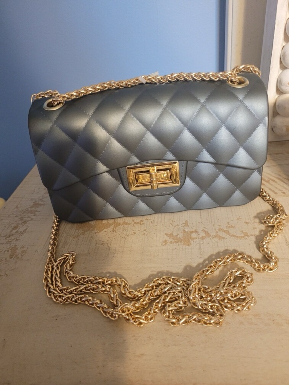 Quilted Metallic Silver Crossbody Bag with Gold Chain